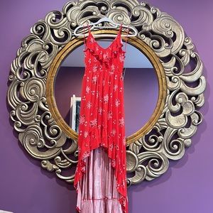 Express maxi hi low dress with keyhole back ruffles xs brand new red white